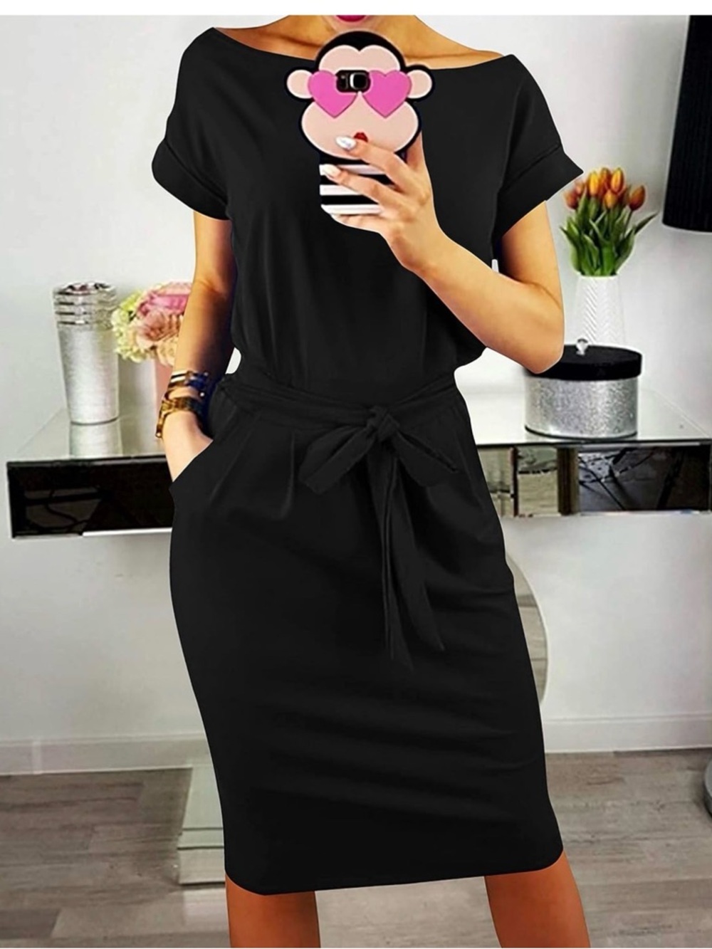 Pretty Garden Wide Neck, Tie-Waist Mini Dress with Pockets, Black, Size L